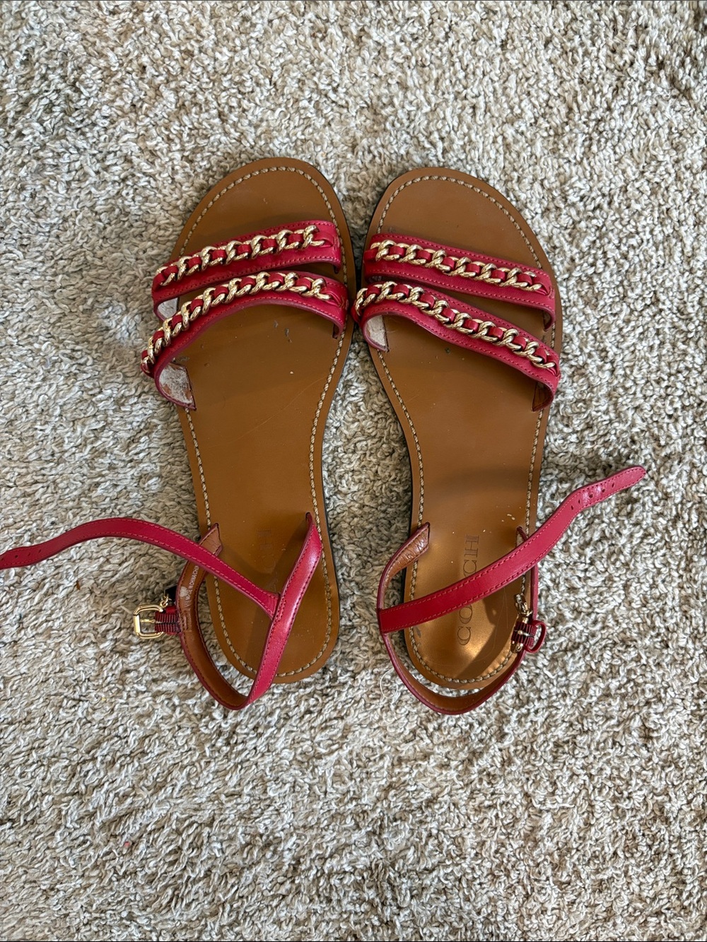 COACH Pink-Red Leather Chain Strap Flat Sandals